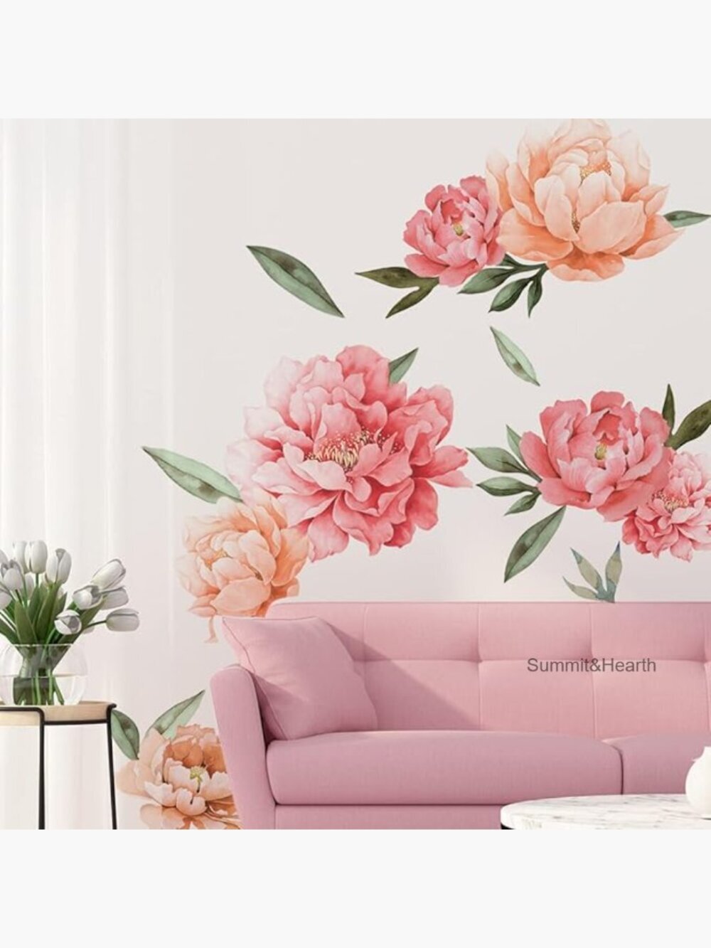 Large Watercolor Peony Wall Decals, PVC Floral Stickers for Living Room Bedroom